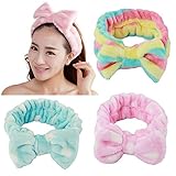 3 Stück Frauen/Mädchen Fashion Lovely Cute/weich Carol Fleece Schleife Make-up Kosmetik Dusche Elastic Haarband Hot Band 3 Farben erhältlich (Pink, Blau und Regenbogenfarben Farbe)