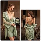 LJFLI Babydoll Damen Sexy Pyjama mit tiefem V-Ausschnitt und Nachthemd Spitzen Cardigan dünnes Nachthemd Satinimitat Seiden Heimservice, Green,L