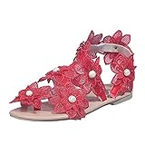 Julhold Flache Sandalen Damen Sommer Blumen Print Slip-On Schuhe Flache Strand Offene Zehen Atmungsaktive Sandalen(Rot,40)