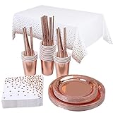 Topways® Roségold Partyzubehör Pappbecher Pappteller Set, Einweg Papier Geschirr Set einschließlich Tischdecke Teller Becher Strohhalme Servietten zum Geburtstag, Hochzeiten, Jubiläums (16 Gäste)