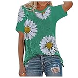 Oberteile Damen Casual Rundhals Bluse Tops Weiche Bequeme T-Shirts Locker Tunika Shirts Sommer Kurzarm Jumper Locker Mode Sportshirt Blusenshirt Chrysantheme Druck Tee Top L