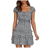 Sommerkleid Damen mit Tasche Boho Blumendruck Tunika Kleid Kurzarm Strandkleid Freizeitkleid Causal Vintage Shirtkleid T-Shirt Blusekleid Ballkleid Locker Kleider V-Ausschnitt Wickelkleid Minik