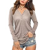 DOMBX T-Shirt Damen V-Ausschnitt Knopfleiste Bluse Solide Tunika Herbst Winter Tops Langarm Longshirt Lockere Blusen Oberteile Langarmshirt Pulli Pullover Sw