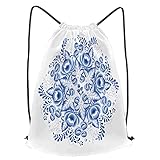 fudin Unisex Wasserdicht Kordelzug Rucksack blaue Blumen Blumen russisches Porzellan rund Turnbeutel Sporttasche für Yoga Freien Schule Strand Schw