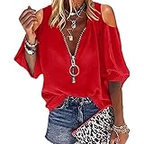 NPRODLO Damen Sexy Schulterfrei Fledermausärmel Lose Cool Leichte Crop Tops Bluse Frauen Einfarbig Lässige Mode Übergröße ReißverschlussTiefer V-Ausschnitt Bequem Party Kleid Chiffon T-shirt Ob