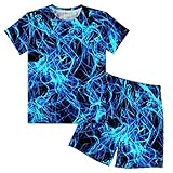 Jungen Kurzarm T-Shirt und Shorts Blau Fire Flame (3) Print Outfitsy Set 2-teilig Anzug für Jugendliche Teenager Mädchen XS, Blaue Feuerflamme (3), XL
