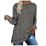 BUKINIE Damen-Shirt, langärmelig, Rundhalsausschnitt, lässig, einfarbig, Seitenschlitz, trendig, lockerer Pullover, Tunika, Tops, Sweatshirt, grau, S