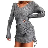 IFOUNDYOU V-Ausschnitt Casual Minikleid Pullikleid Damen Langarm Warm Strickkleid Sexy Stretch Sweatkleid mit Kordleg Elegant Ruched Jumperkleid Knielang Winter Einfarbig Partykleid Cocktailk
