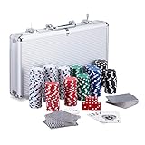 Relaxdays Pokerkoffer, 300 Laser Pokerchips, 2 Kartendecks, 5 Würfel, Dealer Button, Aluminiumkoffer abschließbar, silb