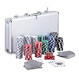 Relaxdays Pokerkoffer, 300 Laser Pokerchips, 2 Kartendecks, 5 Würfel, Dealer Button, Aluminiumkoffer abschließbar, silb