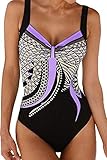 HAPPY SAILED Damen Lila Badeanzug Drucken Push Up Bademode Bauchweg Badeanzuge Swimsuit XL S