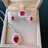 HCMA Exquisite 925 Sterling Silber Hochzeit Schmuck Sets für Freundin Vintage Rot Oval Zirkonia Anhänger Halskette Ohrring Ring S