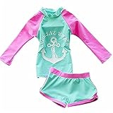 FAIRYRAIN Baby Kleinkinder Mädchen 2er Bade-Set Anker Print Lange Ärmel Rash Guard UV-Schutz 50+ Bademode Schwimmanzug Badebekleidungsset XXL