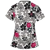 Graceyo Kasacks Damen Pflege Blumenmuster Bluse T-Shirt Schlupfkasack mit Taschen Kurzarm V-Ausschnitt Schlupfhemd Pflegeuniform Berufskleidung Krankenpfleger Uniformen Große Größe L-5XL