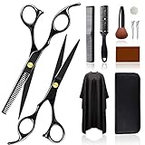 Friseurscheren Set, 11Pcs Profi Rostfreiem Stahl Haarschneideschere Bartschere, Ausdünnschere mit Friseurumhang, Haar Bart Trimmen Formung Pflege für Männer Frauen Haustiere Familie F