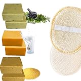 Handmade Naturseifen 6er Set 480g + gratis Peeling Handschuh Eselsmilch Seife, Schwefel Seife und Lavendel Seife Made in Turkey Vitamin E, Aminosäuren, Omega 3