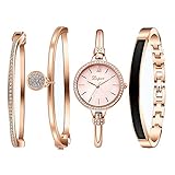 Clastyle Uhr und Armband Set für Frauen Roségold Damenuhren Strass Klassisch mit 3 Armband, R