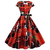 Masrin Abendkleid Damen Weihnachtsball Kleid mit 3D Druck Kurzärmliges Partykleid mit O Ausschnitt Vintage Cocktailkleid Retro Swing Kleid mit Gürtel Skaterkleid mit Empire Taille und Patchwork