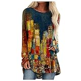 RMBLYfeiye Vintage T-Shirt Damen Pullover Tunika Top Retro Mittlere Länge Langarmshirt Stretch Bluse Blumenmuster Tops Rundhals Stil der Ölmalerei Oberteile Lose Shirt C