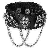 JewelryWe Schmuck Herren Breites Biker Lederarmband, Gotik Punk Rock Totenkopf Schädel Patronenhülse Leder Armband Armreif mit Ketten, Verstellbaren Größen, Schwarz Silb