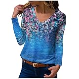 Xmiral Damen Herbst Bluse V-Ausschnitt Langarm Shirt Blumendruck Slim Fit Mode Elegant Oberteil(b Blau,XL)