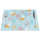 Gewebte Tischsets 6er-Sets, PVC-Platzset hitzebeständig, Tischsets im schicken Stil für die Küche im Esszimmer, 12x18 Zoll, Segelboot Möwe Anker Sonne Muster-Tischset x 6 für Indoor O