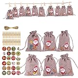 Ranana Adventskalender für Taschen, DIY Beutel aus Stoff zum Befüllen Countdown-Kalender, Basteln, Weihnachtstüten mit 1 – 24 Aufkleber, 2021 Beutel aus Jute-Stoff zum Countdow