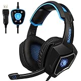 USB Computer Headset with Microphone Spirit Wolf Over Ear 7.1 Surround Sound PC Gaming Headset with Black and Blue Noise Reduction/Breathing Lig