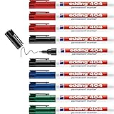 edding 404 permanent marker - black, red, blue, green - 10 pens - fine round tip 0.75 mm - waterproof, quick-drying, smear-proof pens - for cardboard, plastic, wood, metal, glass and fab