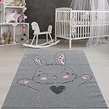 payé Teppich Kinderzimmer Grau 160x225cm - süßes Häschen Herz - Kurzflor - Teenagerteppich Babyteppich Spielteppich Deko Mädchen Jung