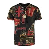 BIBOKAOKE T-Shirt Herren Leinenoptik Vintage Ethno-Print Kurzarm Classic Rundhals Shirt Sommer Basic Regular Slim Fit Kurzarmshirt Fashion Freizeithemd Arbeitsshirt Joggen Trainings S