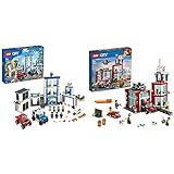 LEGO 60246 City Polizeistation, Bauset mit 2 Trucks, Leucht- und Sound-Steinen & 60215 City Feuerwehr-Station, Bauset mit Lastwagen, Wasserscooter, Drohne und 3 Feuerwehr-Minifig