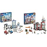 LEGO 60246 City Polizeistation, Bauset mit 2 Trucks, Leucht- und Sound-Steinen & 60215 City Feuerwehr-Station, Bauset mit Lastwagen, Wasserscooter, Drohne und 3 Feuerwehr-Minifig