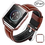 Fotover Fitbit Blaze Armband Lederband,Verstellbarer Ersatz Sportarmband Armband mit Metallrahmen und Displayschutzfolie Zubehör für Fitbit Blaze Smart Fitness W