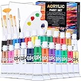 Aottom 33 Stück Leinwand Acrylfarben Set, 24 *Tube Acrylfarben mit 5 *Pinselset +2*Leinwand +1*Mischpalette +1*Mischmesser Acryl Farben Set für Steine,Papier,Holz Acrylfarben für Künstler,Anfäng