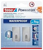 tesa Powerstrips Haken Waterproof S Metall eckig - selbstklebender Wandhaken für Küche und Bad, groß - Handtuchhaken aus Edelstahl, silber matt - belastbar bis zu 1 kg, 2 Stück,