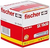 fischer Spreizdübel SX 10 x 50, Schachtel mit 50 Nylondübeln, Dübel für optimalen Halt bei Befestigungen in Beton, Hochlochziegel, Porenbeton, Vollzieg