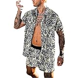 Kurzarm Set Herren Vintage Persönlichkeit Druck Hemd/Kurze Hose Herren Hawaii Urlaub Sandstrand Style Set Herren Sommer Regular Fit Set H