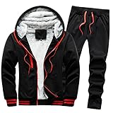 PANBOB 2Pcs Set Herren Regular Fit Herbst Winter Warm Kapuzenjacke Herren Farbkontrast Spleißen Outdoor Sport Set Herren Workout Camping Bergsteigen Fleecejacke Herren Q-Black1 3XL