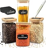 G&K Kitchenware ® Vorratsgläser mit Deckel Eckig - 4er Set mit 2,5l / 1,4l / 1l - mit Stift & Etiketten - Glasbehälter zur Müsli Aufbewahrung Küche - Vorratsdosen Glas Mit Holzdeck