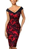 HOMEYEE Damen Elegant V-Ausschnitt Ärmelloses Vintage Rose Floral Cocktailkleid B425(EU 44 = Size XXL,Rot)