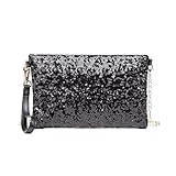 Miss Lulu Kleine Kettentasche Damen Brieftaschen Umhängetasche Clutches Schultertasche Party Pailletten Synthetische (Schwarz)