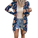 Weihnachtsstrickjacke Damen Modischer Mantel mit Weihnachtsmann Print Herbst Winter Leichte Jacke Langarmshirts Knopflose Strickjacke mit offenem Stich Mittellange Oberbekleidung Windjack