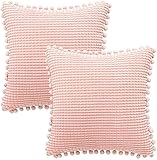 Qyjhska 2er Set Kordsamt Kissenbezug, Samt Kissen mit Pompoms Einfarbig Dekorative Kissenbezug Sofakissen Couchkissen für Sofa Schlafzimmer Büro Auto (Rosa, 45x45cm)