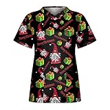 Graceyo Damen Weihnachten Pflege Kasacks Bunt Drucken Nurse Uniformen Schlupfhemd Arbeitskleidung T-Shirt Schlupfkasack mit Taschen V-Ausschnitt Kurzarm Frauen Pflegeuniform T-Shirts Arb