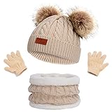 Kinder Wintermütze Schal Handschuhe Mädchen Set Strickmütze Babymütze Kinder Mütze Set Baby Mütze Warme Winter Beanie Hut Jungen Handschuhe runder Schal Set für Kinder 3-8 Jahre (Khaki)