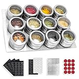 Gewürzdosen, 12 Stück Magnetisch Edelstahl Gewürzgläser Set, Rund Gewürzstreuer, Gewürzbehälter, für Spice Kräuter Gewürze, magnetisch auf Kühlschrank und Grill, 168 Gewürzetik