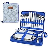 Camping-Besteck-Set für 2 oder tragbares Besteck-Set für 4, 11-tlg. Picknick-Set für 2 oder 23-tlg. Picknick-Set für 4, lebensmittelechte SS-Camping-Teller und SS-Besteck (4 People, Blue - 4)