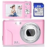 Digitalkamera, FHD 1080P 36.0 MP Mini Videokamera Wiederaufladbare Fotokamera Digitalkamera mit 32GB SD-Karte 16X Digitalzoom, Kompaktkamera für Kinder Studenten Teenager Erwachsene -R