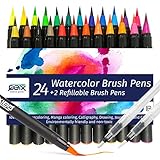 QBIX Pinselstifte Aquarell Set 26 Tlg.| Watercolor Brush Pen | Stifte zum Malen, Handlettering, Kalligraphie | Wasserstifte Aquarell nachfüllbar | Lettering Pens | Pinselstift Geschenke für Z